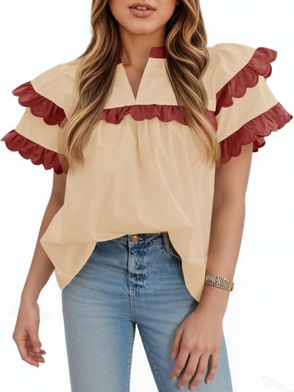 New - Women Babydoll Top Color Block‎ Summer V Neck Pleated Blouse